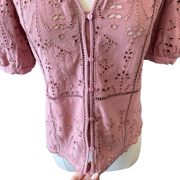 Eyelet Puff Sleeve Blouse Boho Feminine Liv Los Angeles Blush Mauve Pink - Picture 2 of 9